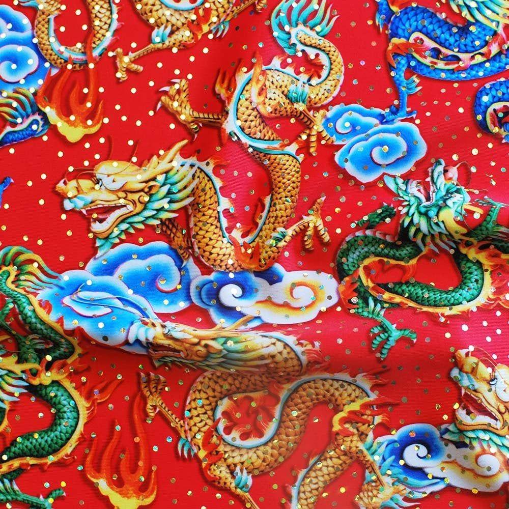 Draco Red & Gold Hologram Twinkle - Foiled Printed Stretch Fabric
