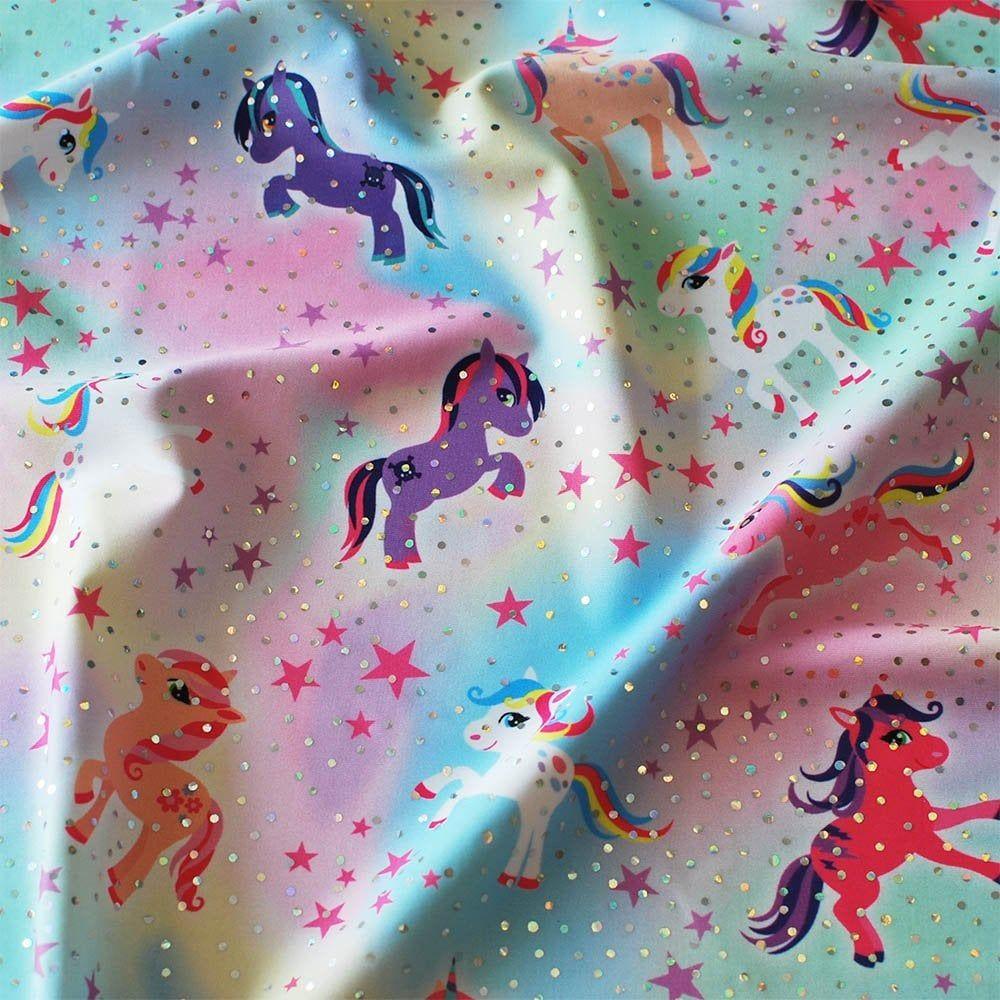 Pony Pastel & Silver Hologram Twinkle - Foiled Printed Stretch Fabric