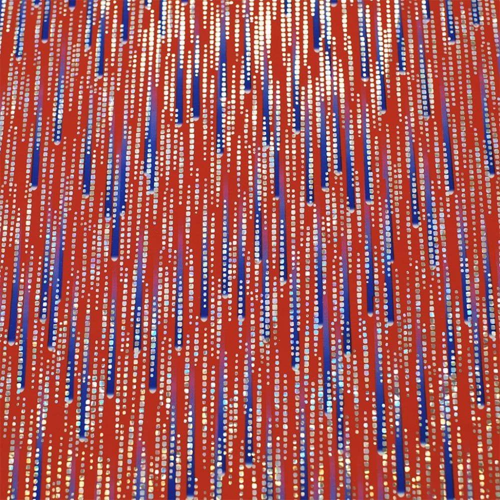 Cascade Blue On Red & Silver Hologram Matrix - Foiled Printed Stretch Fabric
