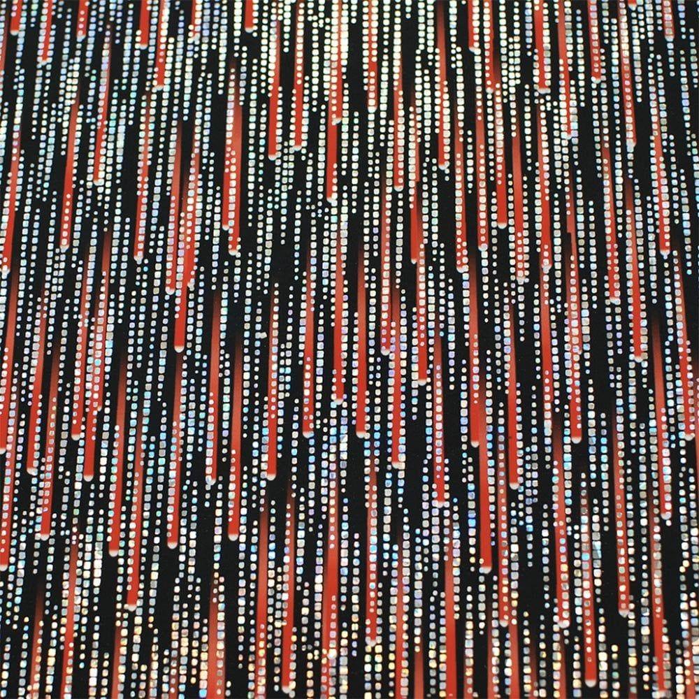 Cascade Red On Black & Silver Hologram Matrix - Foiled Printed Stretch Fabric