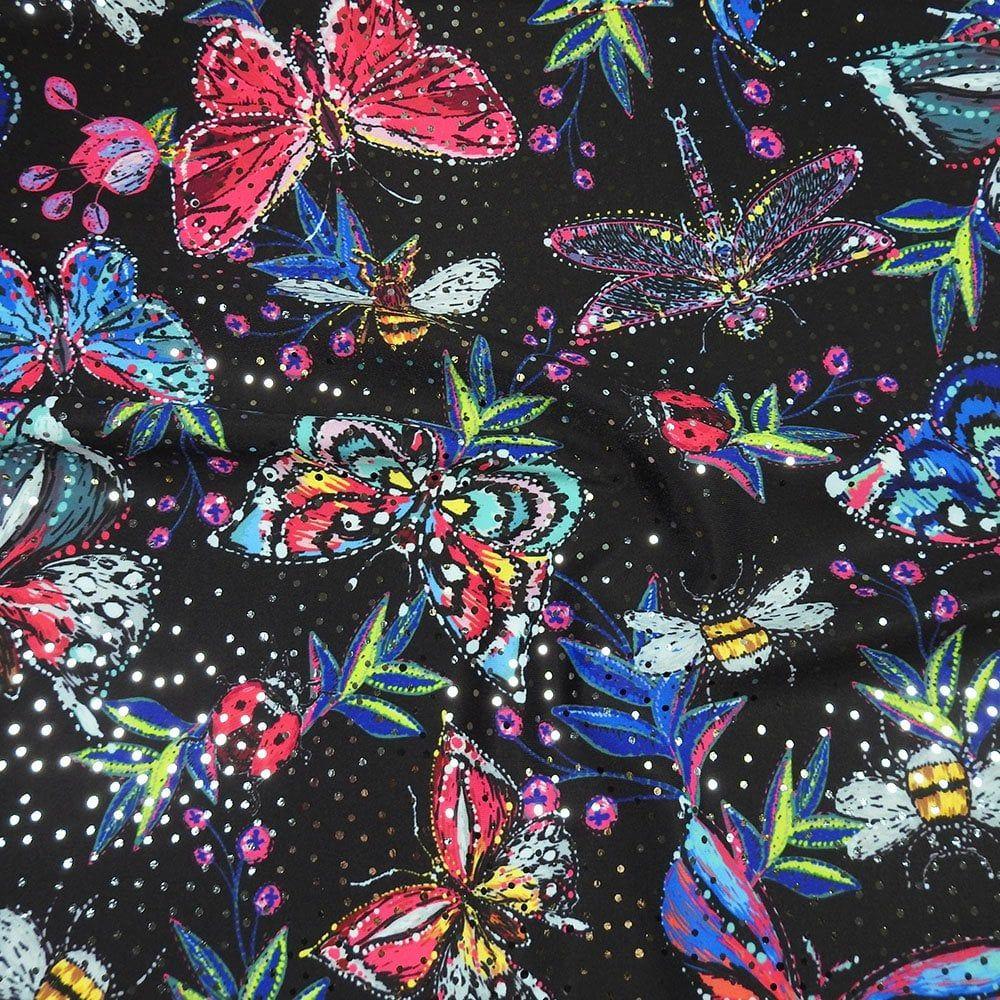 Flutter & Silver Twinkle - Foiled Printed Stretch Fabric