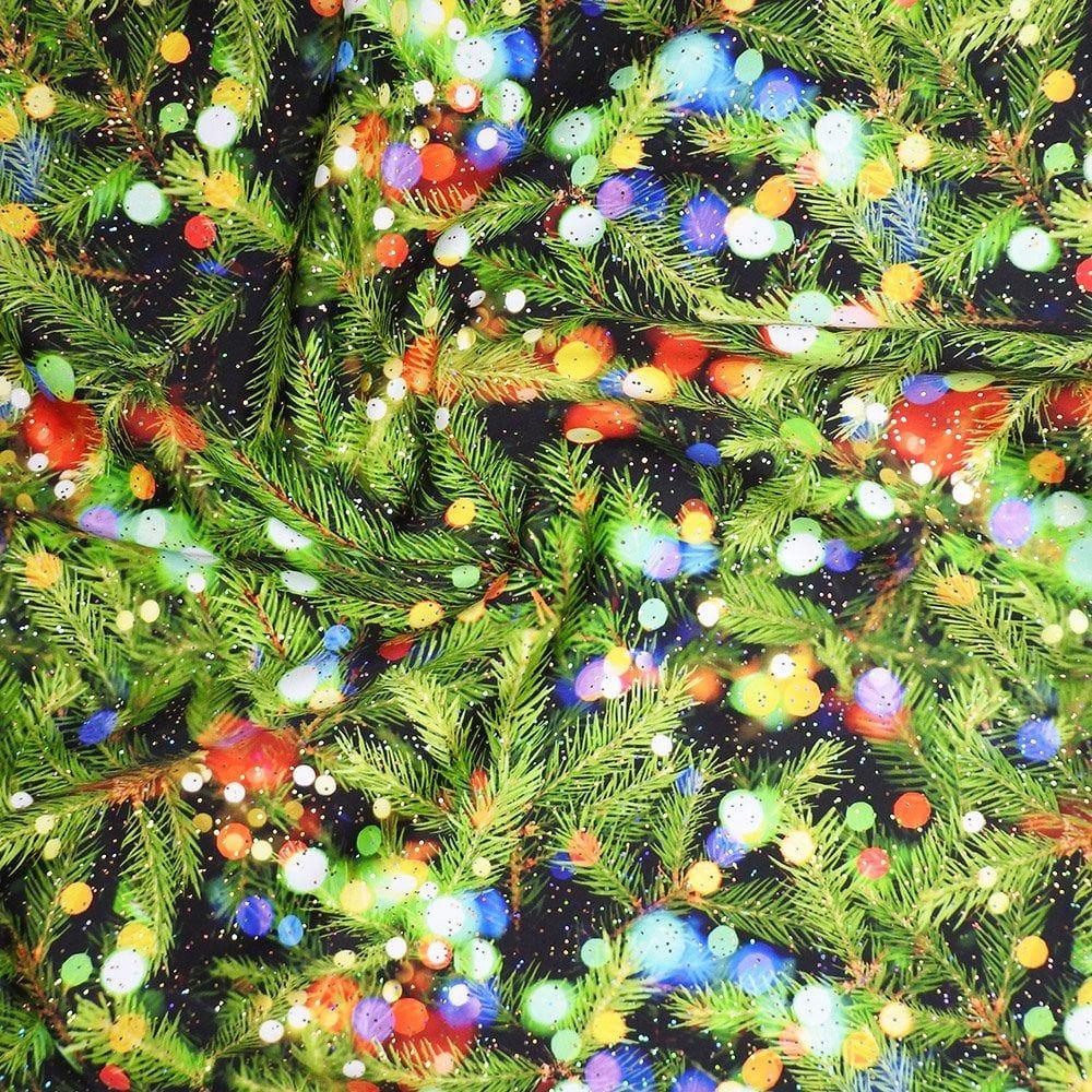 Christmas Fir Lights & Gold Hologram Galaxy - Foiled Printed Stretch Fabric