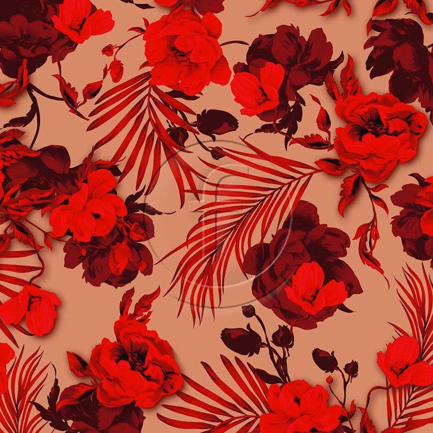 Dahlia Skin, Floral Printed Stretch Fabric: Neutral/Red