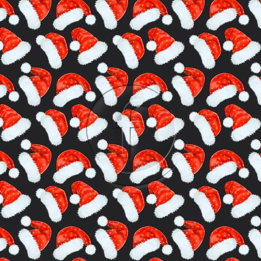 Santa Hats, Christmas Printed Stretch Fabric: Black/Red