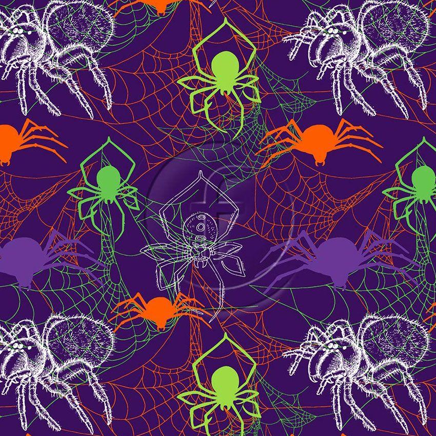 Glowspiders, Cartoon, Halloween Printed Stretch Fabric: Purple