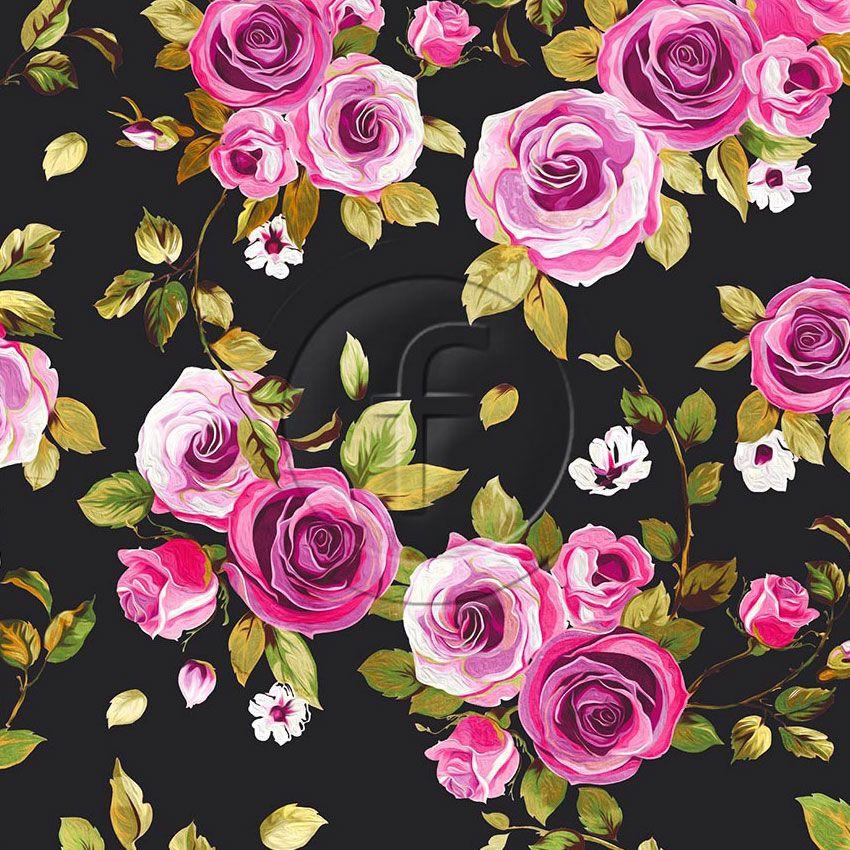 Painted Rose Black, Floral, Cartoon Printed Stretch Fabric
