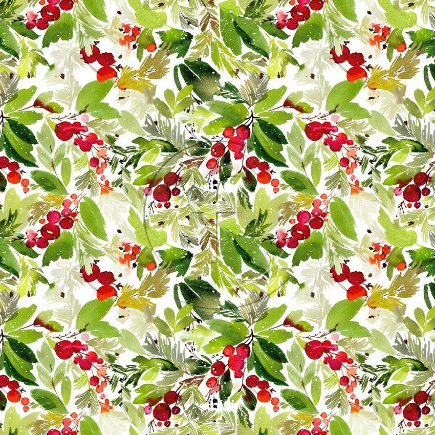 Winterberry, Christmas Printed Stretch Fabric: Green/Red/White