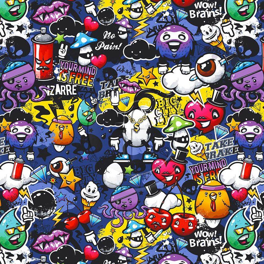 Wow Brains Navy, Cartoon, Street Style Scalable Stretch Fabric: Multicolour
