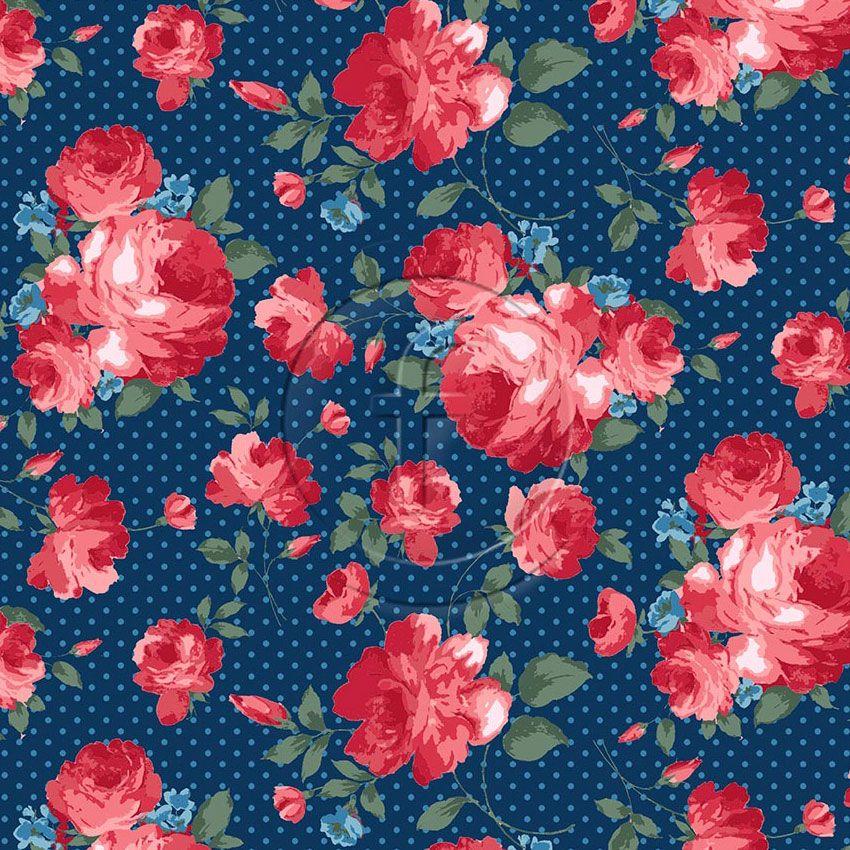 Summer Rose Navy, Floral, Vintage Retro Scalable Stretch Fabric: Blue/Pink