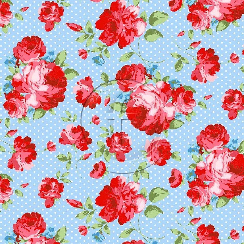 Summer Rose Blue, Floral, Vintage Retro Scalable Stretch Fabric