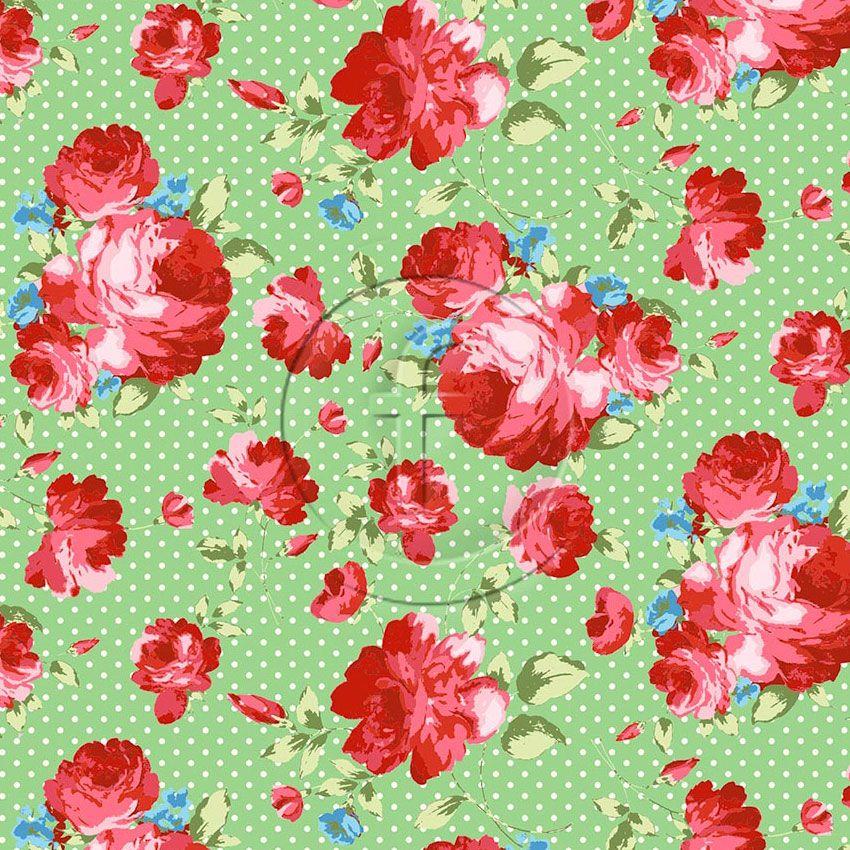 Summer Rose Green, Floral, Vintage Retro Scalable Stretch Fabric