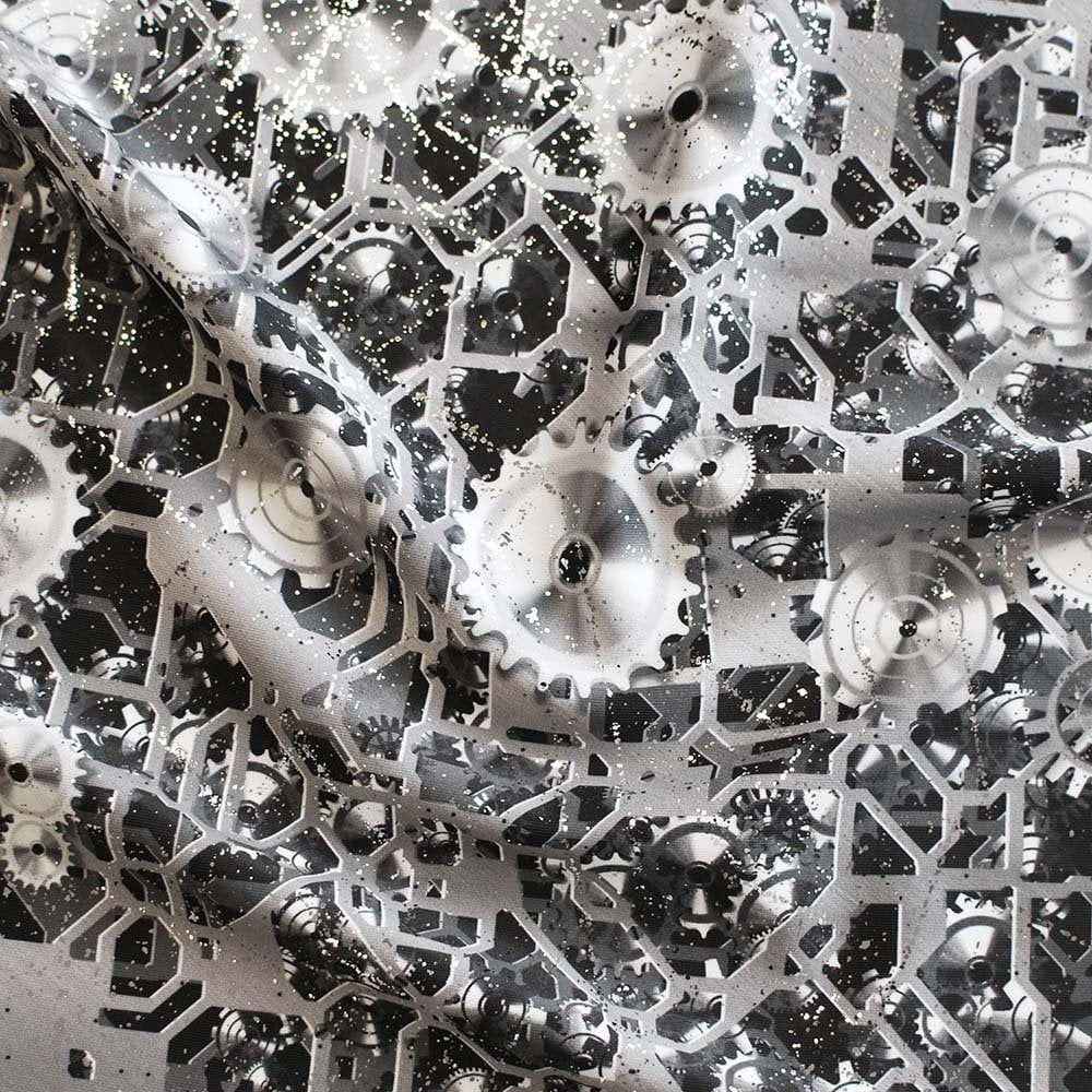Clockwork Silver & Silver Score - Foiled Printed Stretch Fabric