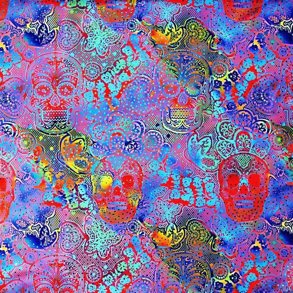 Skull Lace Rainbow & Aqua Twinkle - Foiled Printed Stretch Fabric