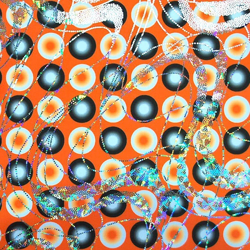 Lottery Flo Orange & Silver Hologram Twister - Foiled Printed Stretch Fabric