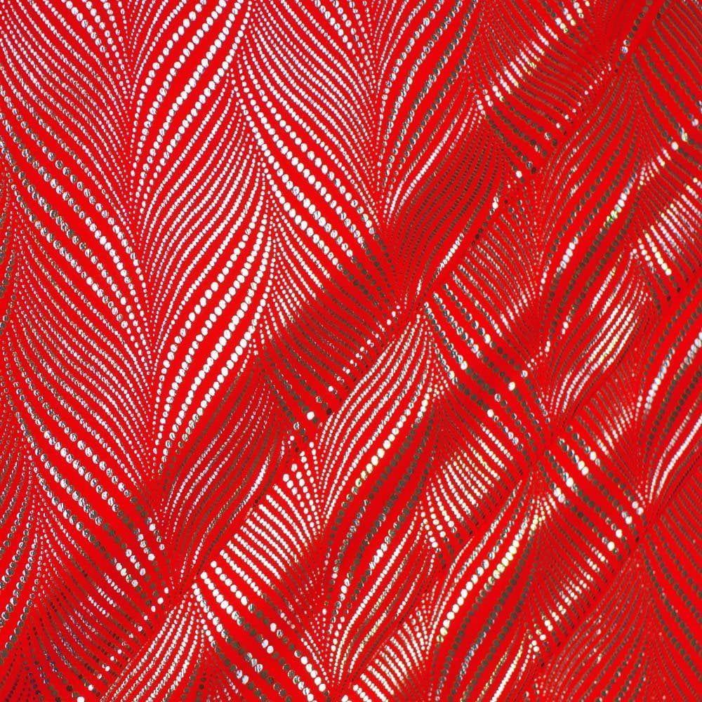 Silver Fanfare Foil On Neon Red Matt Nylon Stretch Lycra