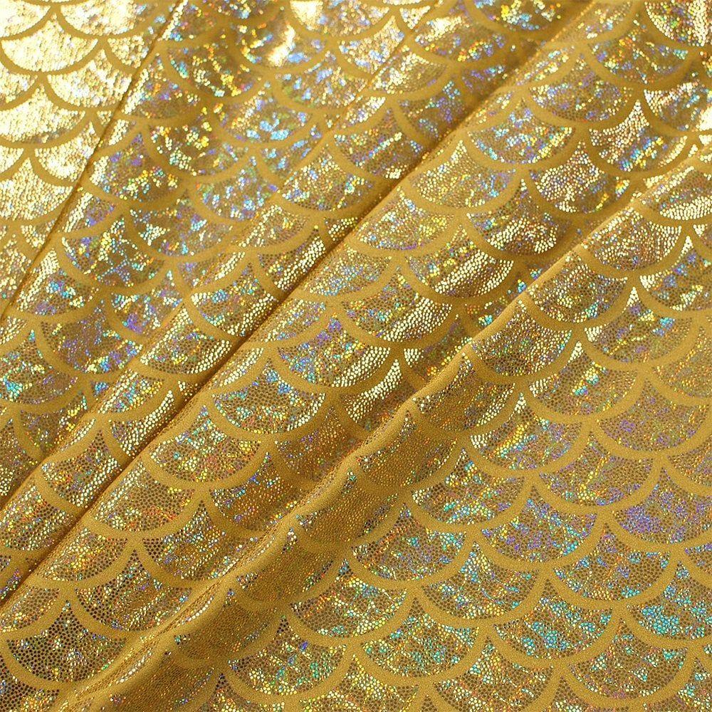 Gold Hologram Mermaid Foil On Gold Shiny Nylon Stretch Lycra