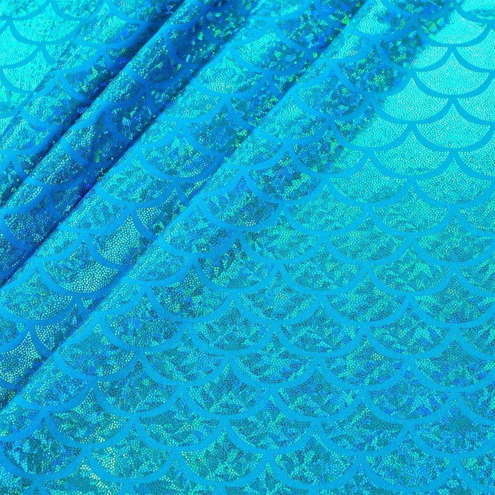 Aqua Hologram Mermaid Foil On Turq Shiny Nylon Stretch Lycra