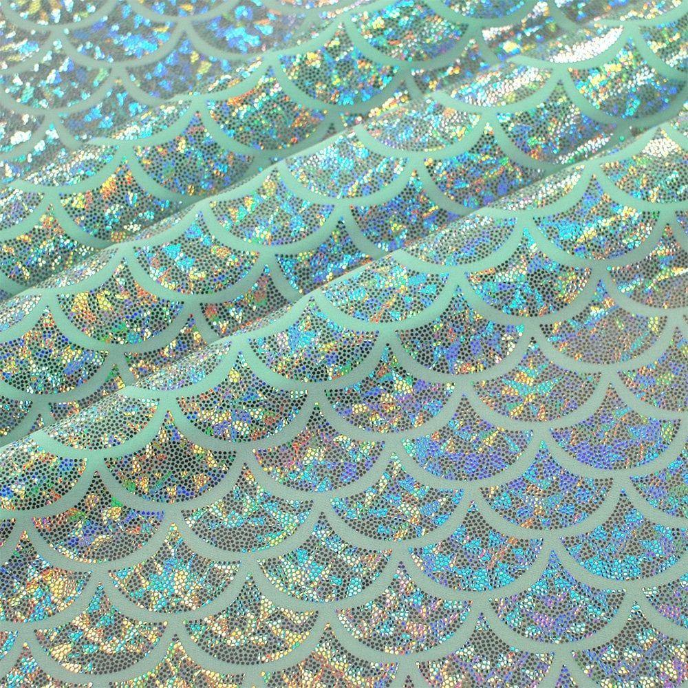 Silver Hologram Mermaid Foil On Spearmint Shiny Nylon Stretch Lycra