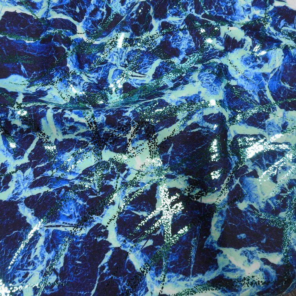 Abyss Ice & Aqua Samurai - Foiled Printed Stretch Fabric