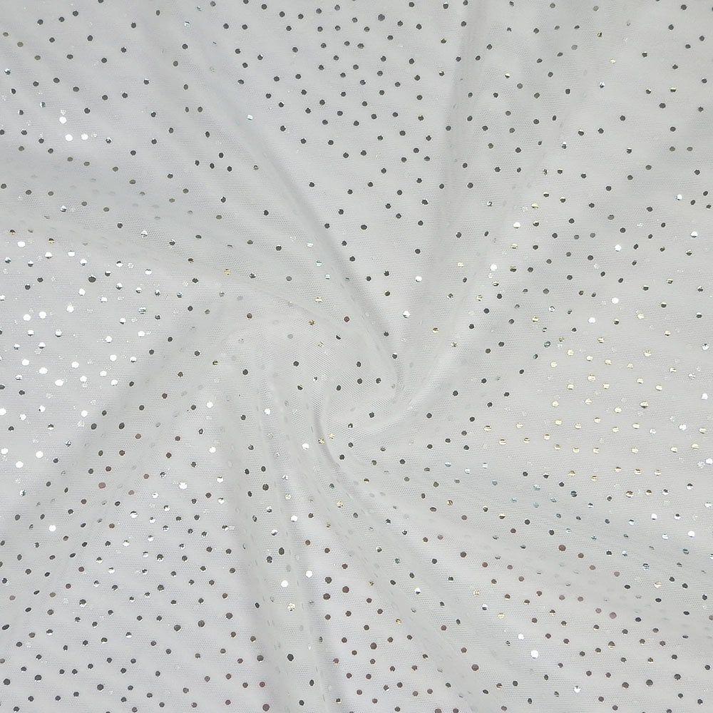 Silver Twinkle Foil On Alicante Stretch Fabric, White