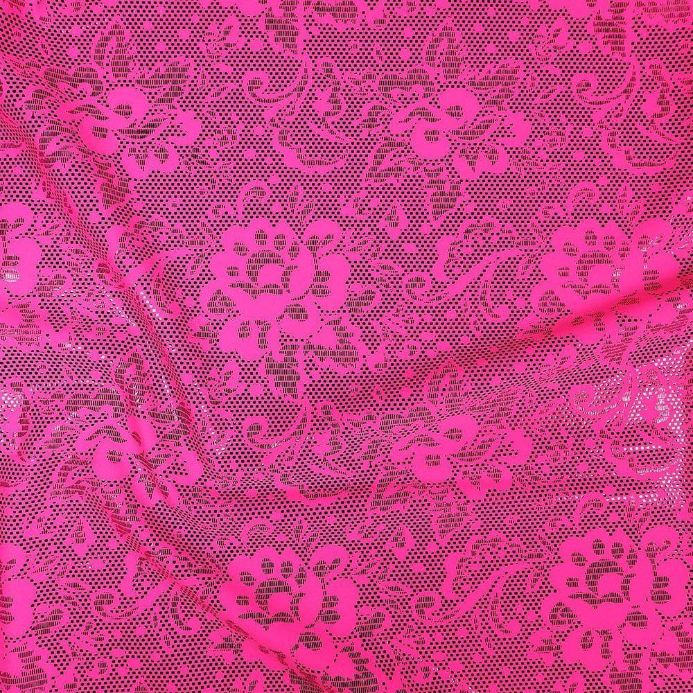 Black Lace Foil On Flo Pink Matt Nylon Stretch Lycra