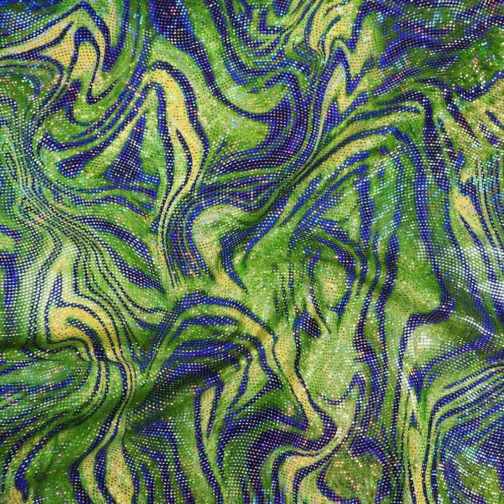 Avantgarde Green & Silver Hologram Swirl - Foiled Printed Stretch Fabric