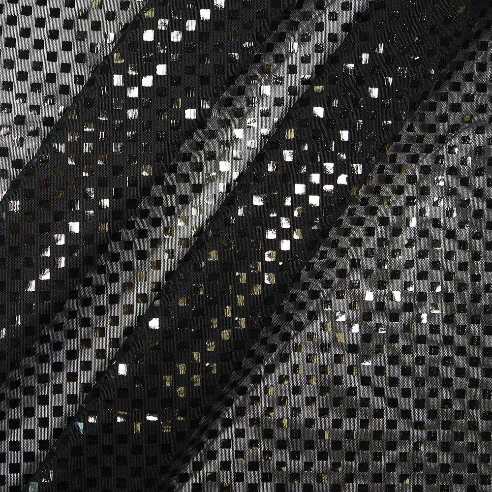 Black Chequers Foil On Black Alicante Stretch Net Fabric