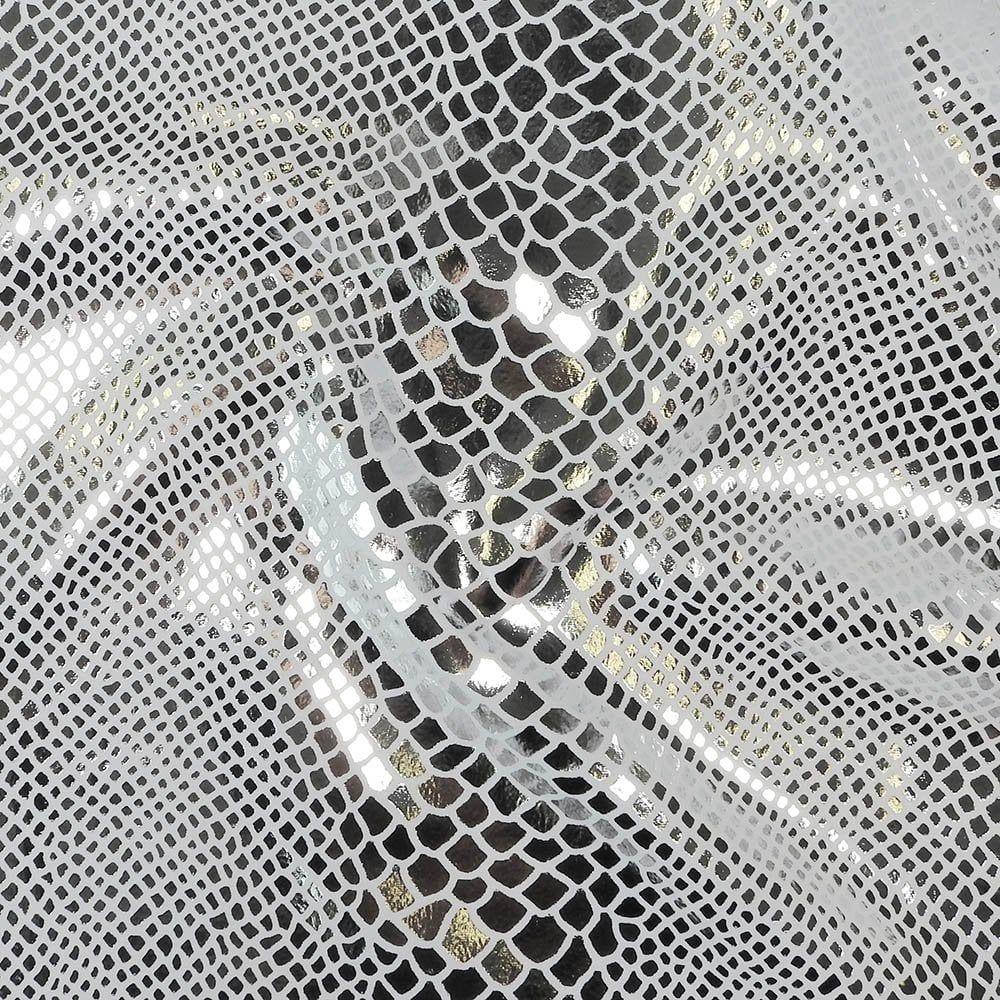 Silver Metallic Snake Foil On White Life Recycled Stretch Nylon