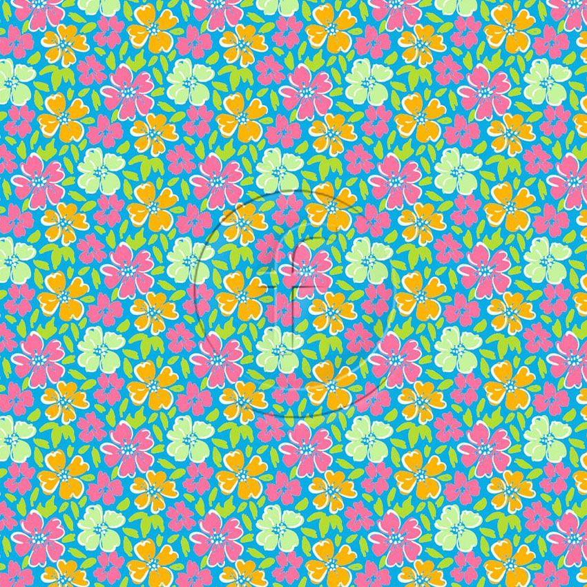 Fluorescent Chick Turquoise, Floral, Vintage Retro Printed Stretch Fabric: Blue/Green