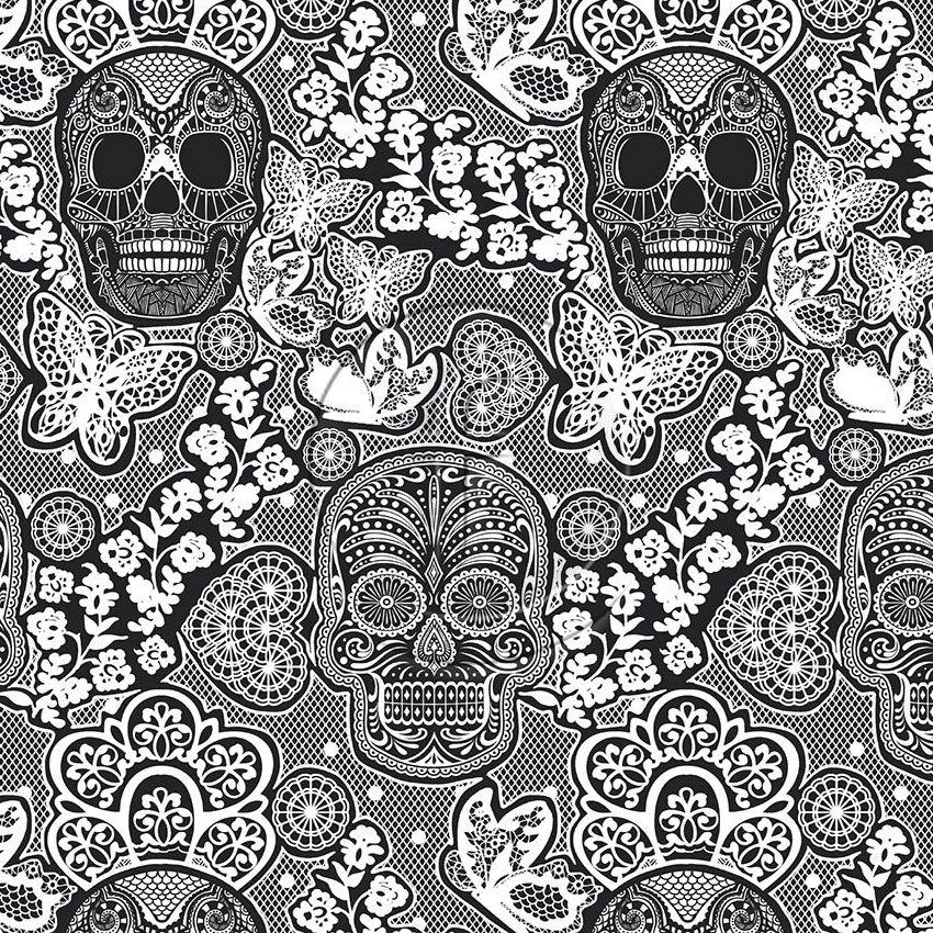 Skull Lace Black White - Printed Fabric