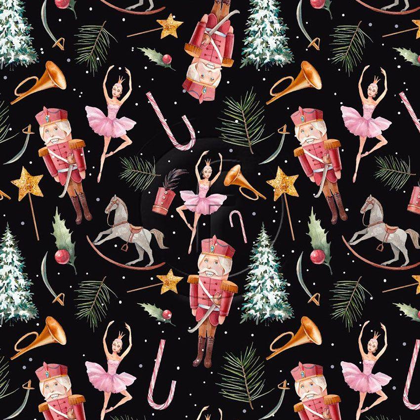 Nutcracker, Christmas Printed Stretch Fabric: Black/Multicolour