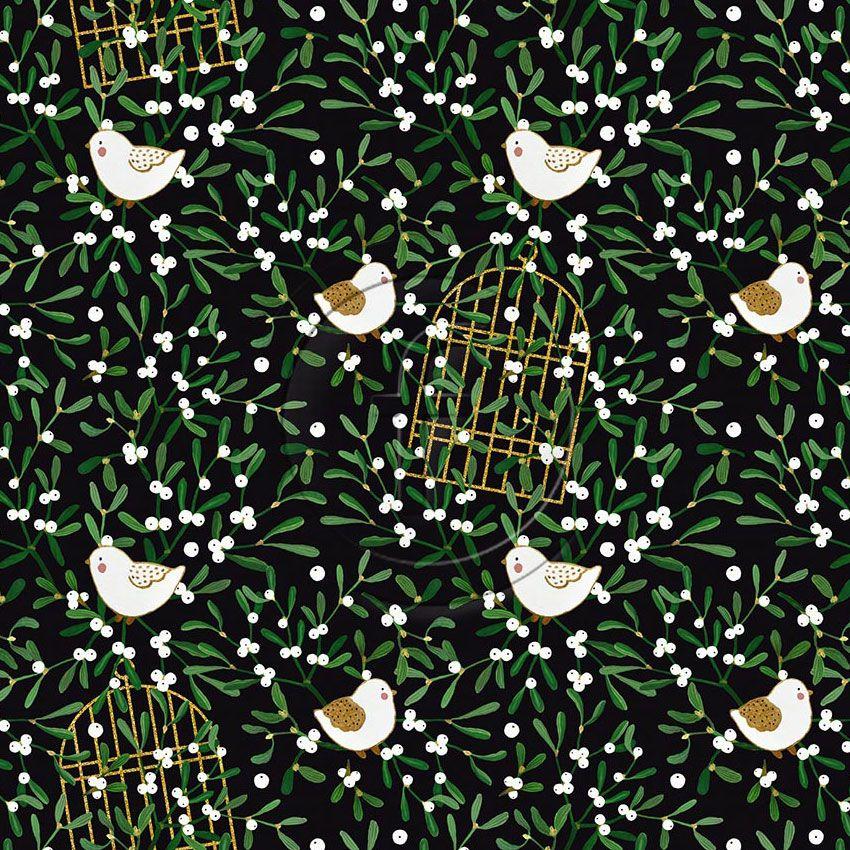 Turtle Dove, Christmas Printed Stretch Fabric: Black/Green