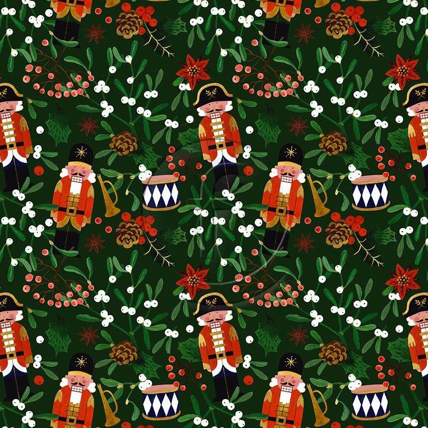 Toy Soldier, Abstract, Christmas Printed Stretch Fabric: Green/Red
