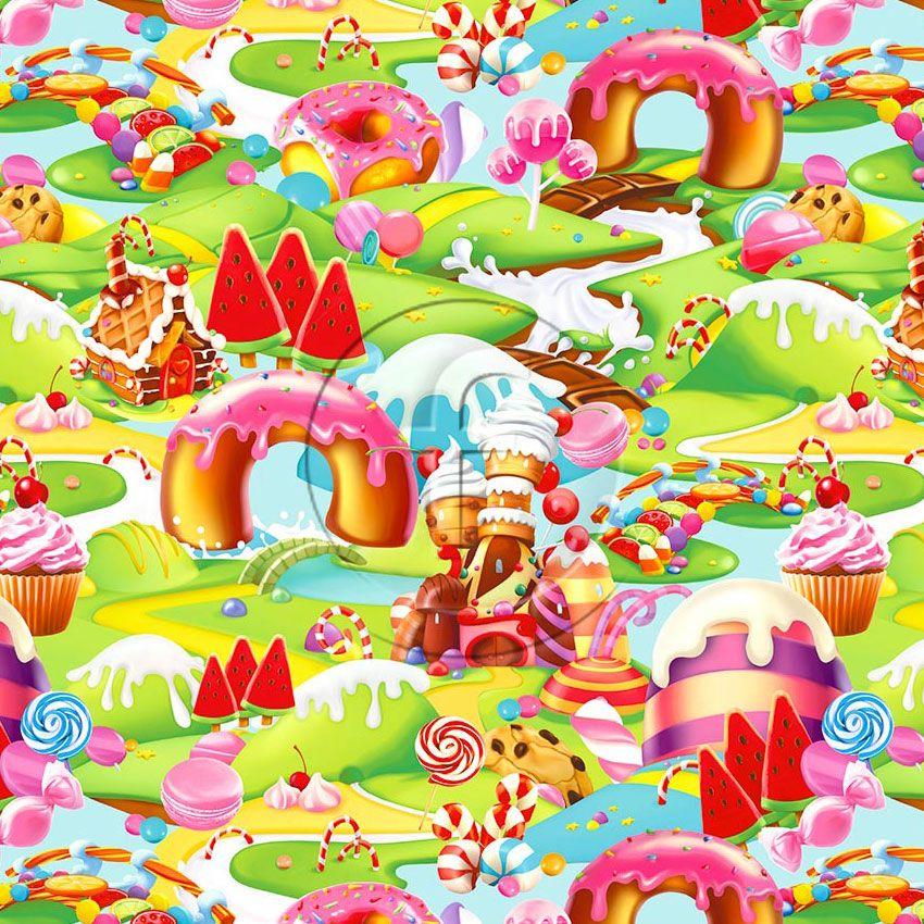 Candyland, Cartoon Scalable Stretch Fabric: Green/Multicolour
