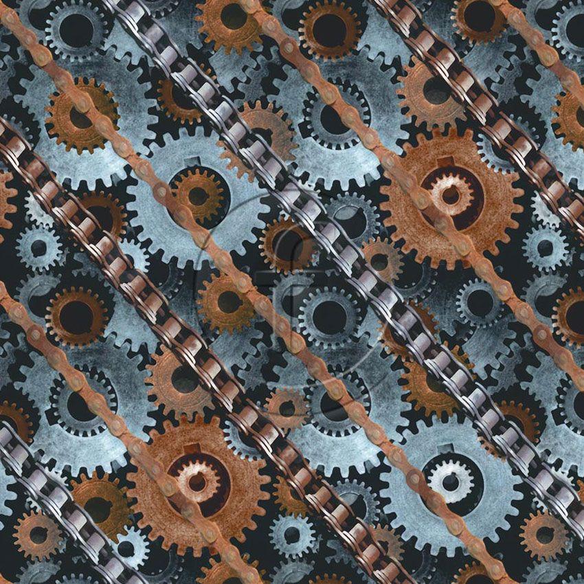 Cogs & Chains Turq Rust - Printed Fabric